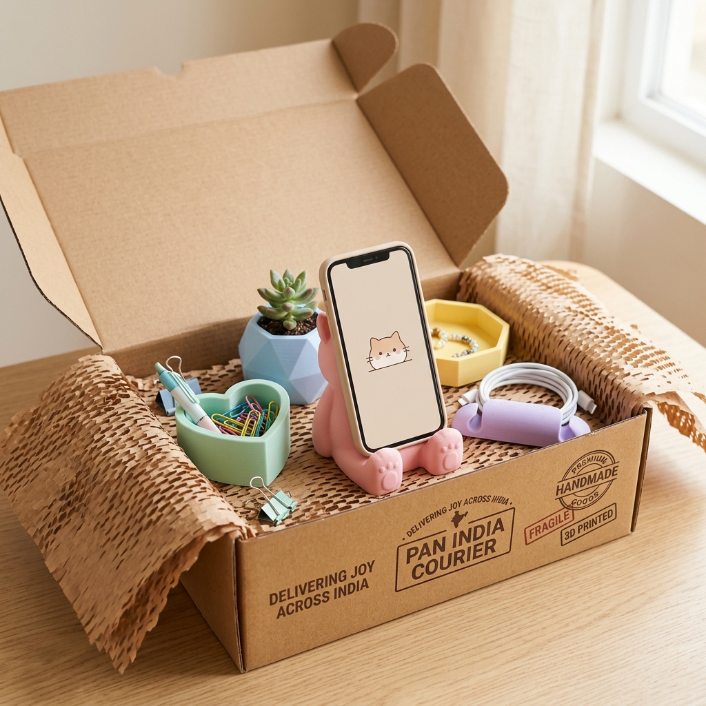 Aesthetic 3D prints packaged inside a shipping courier box